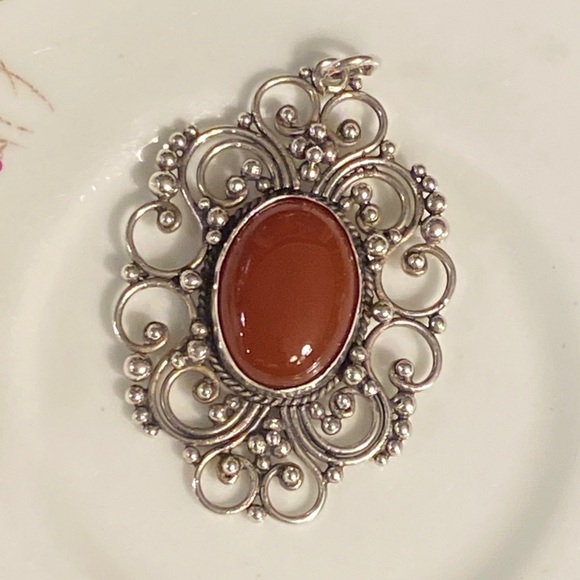 Vintage Mexico Sterling Silver Filigree Pendant with Carnelian Stone - Picture 1 of 11
